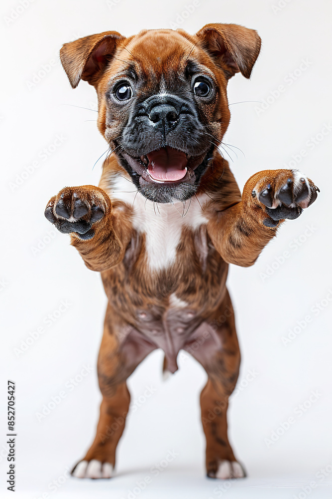 A brown boxer puppy in close-up, jumping towards the camera in a funny way on white background A brown boxer puppy in close-up, jumping towards the camera in a funny way on white background