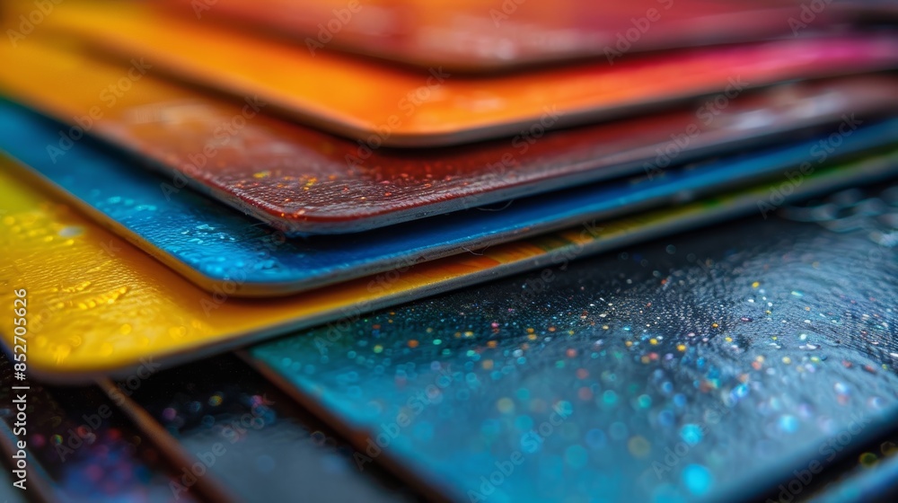 A vibrant stack of colorful plastic cards arranged in a diagonal pattern, showcasing a spectrum of hues from yellow to blue and covered with water droplets A vibrant stack of colorful plastic cards arranged in a diagonal pattern, showcasing a spectrum of hues from yellow to blue and covered with water droplets