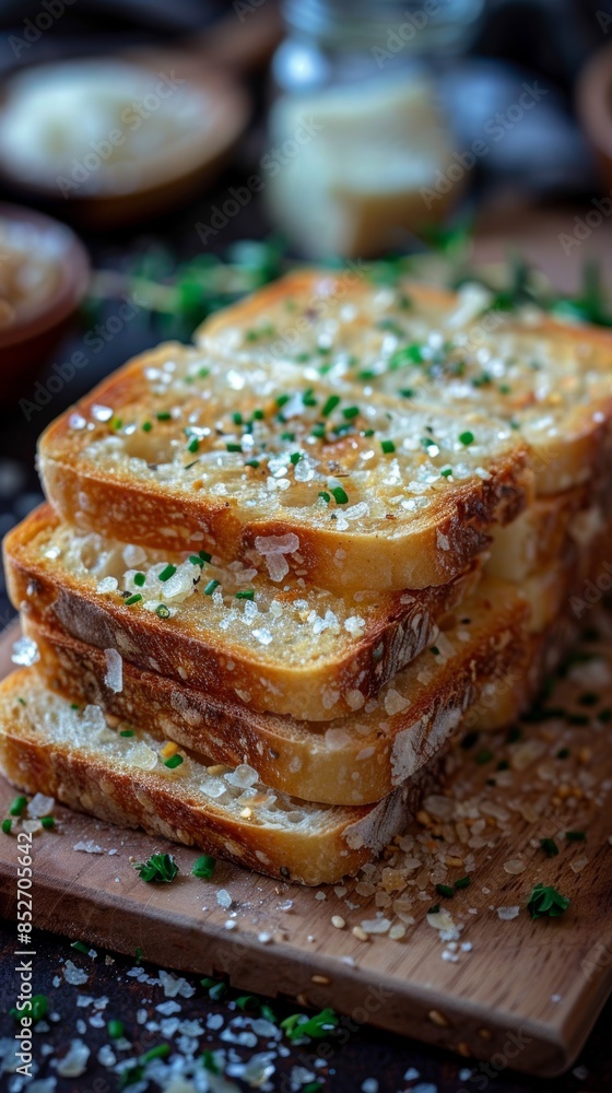 A close-up view of four stacked slices of freshly toasted garlic bread garnished with chopped herbs and flakes of sea salt, placed on a wooden board, ready to be served A close-up view of four stacked slices of freshly toasted garlic bread garnished with chopped herbs and flakes of sea salt, placed on a wooden board, ready to be served