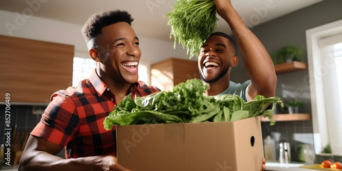 Happy gay African American couple unpacking groceries in kitchen low angle view. Concept Relationship, LGBT, Multicultural, Lifestyle, Grocery Shopping photo