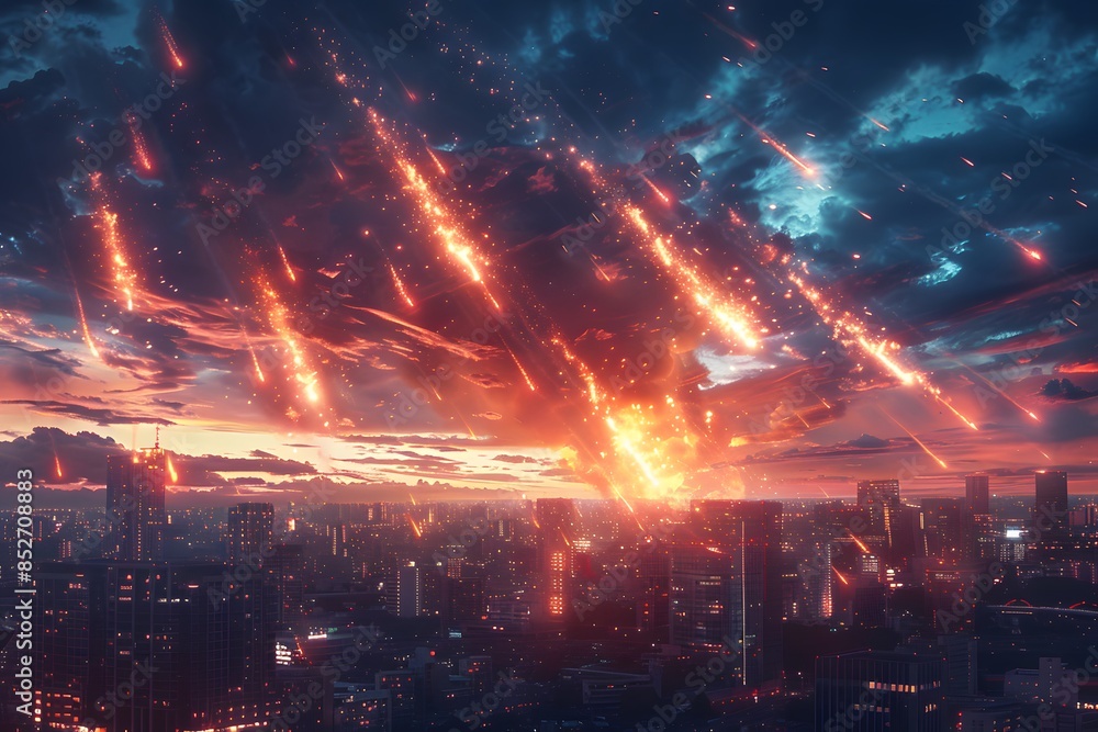 Apocalyptic Scene of Meteor Shower Impacting a Modern City at Dusk Dramatic and Fiery Skyscape
