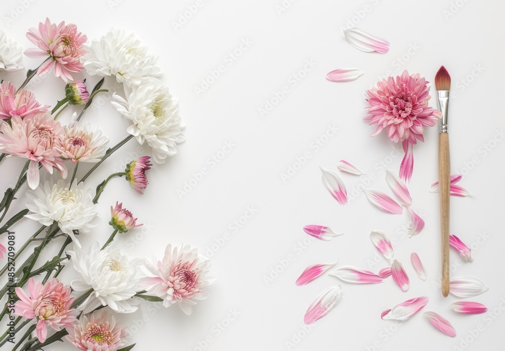 Top view of a watercolor painting brush and colorful spring petal flowers. Top view of a watercolor painting brush and colorful spring petal flowers.