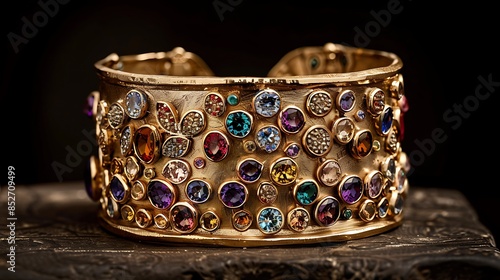 A bold and statement-making cuff bracelet crafted from hammered gold and adorned with intricate filigree work and colorful gemstones.