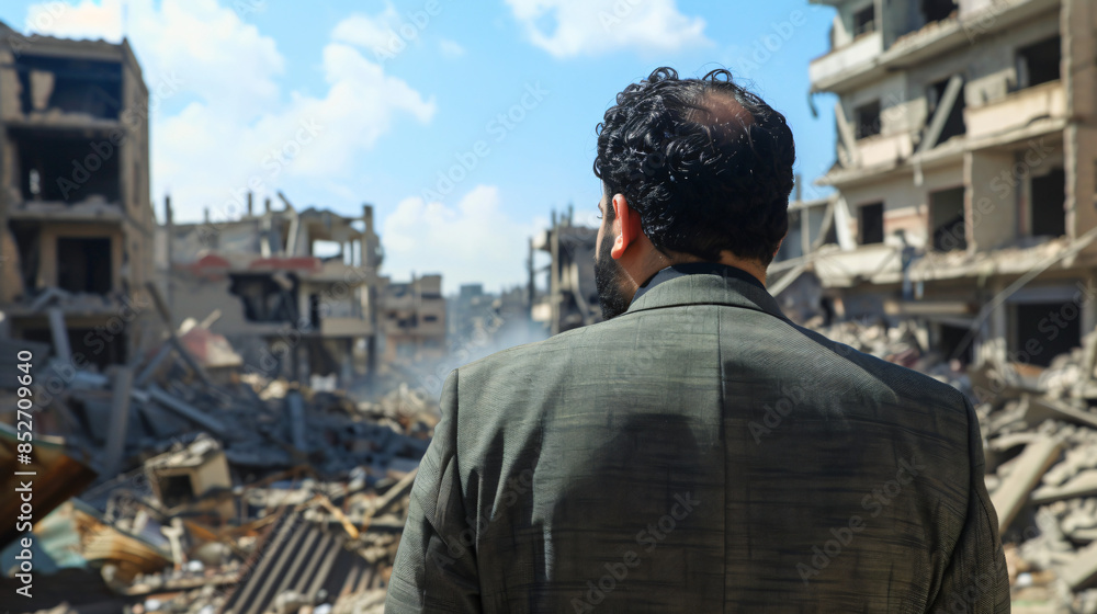 Somber man confronting the aftermath of a war-torn cityscape Somber man confronting the aftermath of a war-torn cityscape