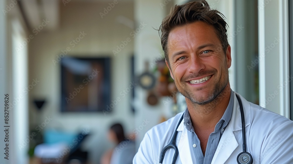 Smiling Professional Male Doctor in White Coat Against Minimalist White Background, Reflecting Confidence, Expertise, and Approachability in Healthcare Setting Smiling Professional Male Doctor in White Coat Against Minimalist White Background, Reflecting Confidence, Expertise, and Approachability in Healthcare Setting