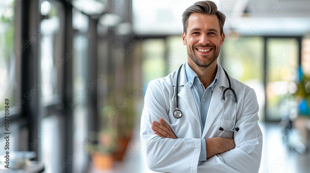 Smiling Professional Male Doctor in White Coat Against Minimalist White Background, Reflecting Confidence, Expertise, and Approachability in Healthcare Setting Smiling Professional Male Doctor in White Coat Against Minimalist White Background, Reflecting Confidence, Expertise, and Approachability in Healthcare Setting
