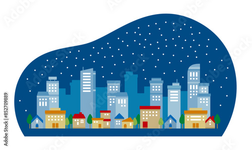 雪が降る夜の都会の街並みのシンプルなかわいい風景イラスト