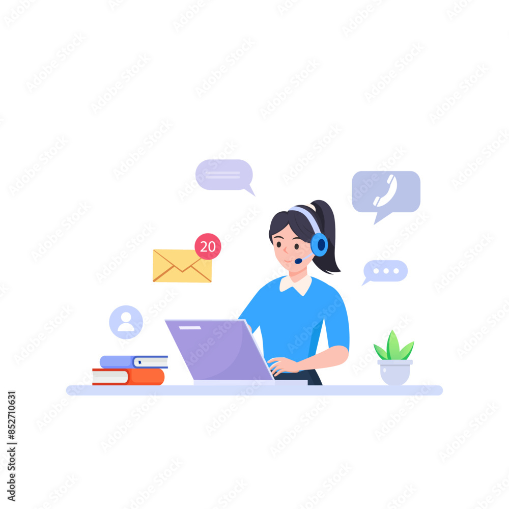 Customer service. Call center. Hotline operators with headphones on laptop screen.