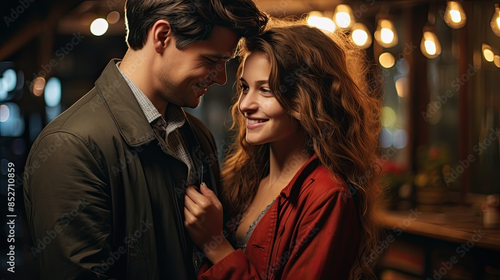 A man and a woman are hugging each other in a restaurant A man and a woman are hugging each other in a restaurant