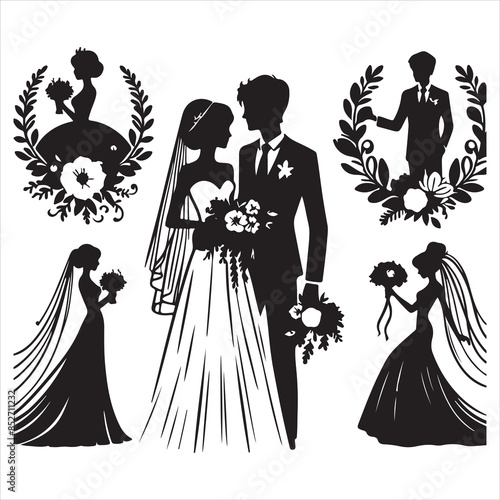 Print bride & groom, unique floral half moon love  black vector silhouette bride groom unique design icons bundle silhouette vector image with withe backgrounds