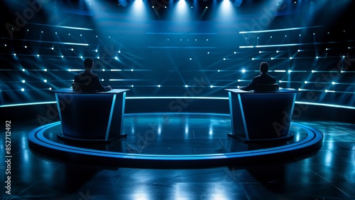 Contestants in silhouette sitting at illuminated podiums on a dramatic stage set with blue lights during a quiz or game show.