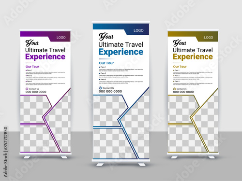 Travel Roll up Banner Design Template. Roll-Up Banner Design For Travel Agency. Travel vacation roll up banner design or pull up banner template