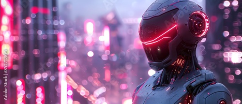 Highly detailed android robot standing in a futuristic cityscape, glowing neon lights, ultra-realistic