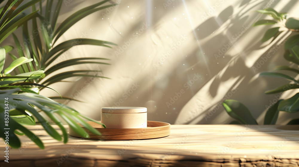 Elegant display product on wooden table with tropical blurred leaves in background Elegant display product on wooden table with tropical blurred leaves in background