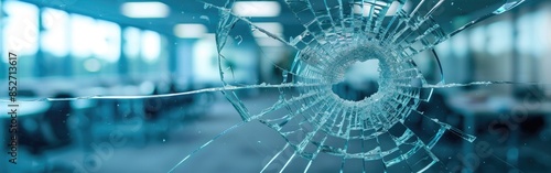 A close-up view of a shattered glass window in an office setting, likely damaged by vandals photo