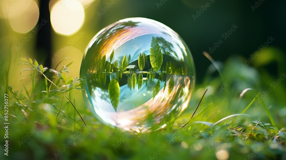 Crystal Ball Reflecting Lush Greenery in a Serene Forest Setting Crystal Ball Reflecting Lush Greenery in a Serene Forest Setting