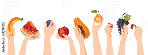 Set of different hands holding fruits. Isolated on white background. Harvest, vegetarian, natural vitamins concept. Vector flat illustration