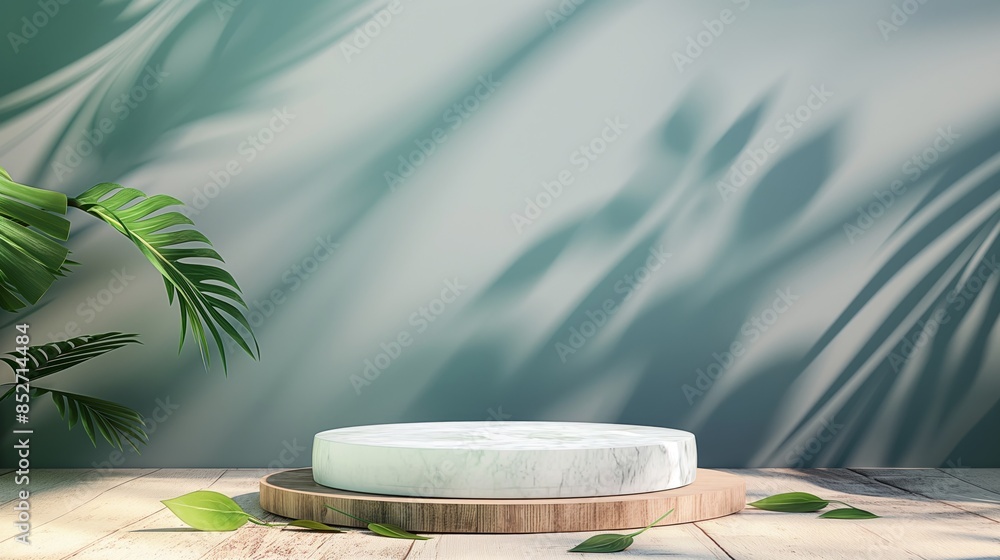 Obraz premium 3D render beautiful white podium for whitening beauty skincare products display backdrop, templates with natural green leaves plant twig, sunlight and foliages leaves shadow. Floor, Space, Shadow.