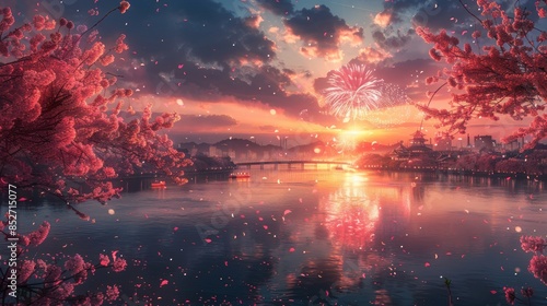 Realistic style, fireworks during the Spring Festival, colorful and splendid, in a pink princess style photo