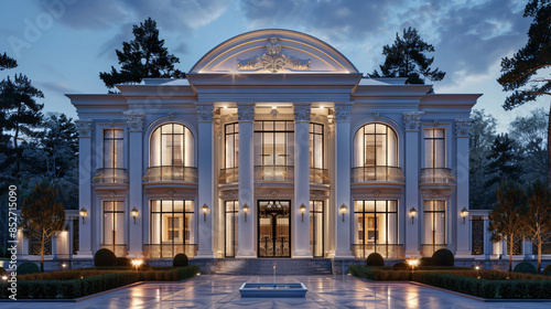 Luxurious classic architecture: a stunning white mansion shining in the night