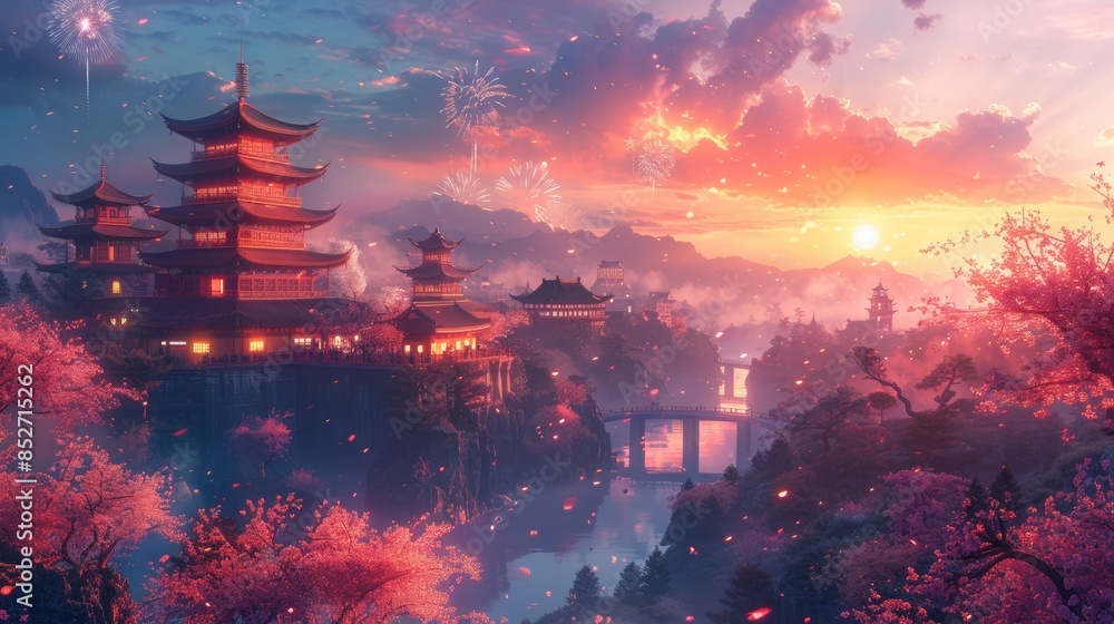 Fototapeta premium Realistic style, fireworks during the Spring Festival, colorful and splendid, in a pink princess style