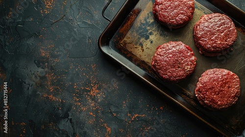 Top view of raw meat burgers on metal tray with copy space photo