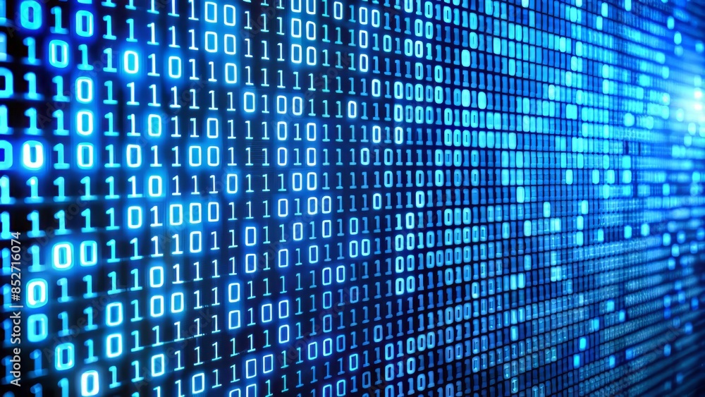 Abstract futuristic digital binary code cascades down a dark blue computer screen background, representing modern technology and data processing. Abstract futuristic digital binary code cascades down a dark blue computer screen background, representing modern technology and data processing.