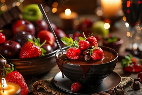 Close up of a chocolate fondant with fresh fruits