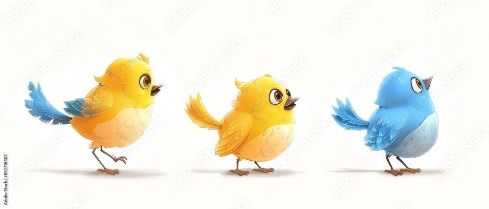 An impressive scene of playful cartoon bird characters in gold and blue on a white background An impressive scene of playful cartoon bird characters in gold and blue on a white background