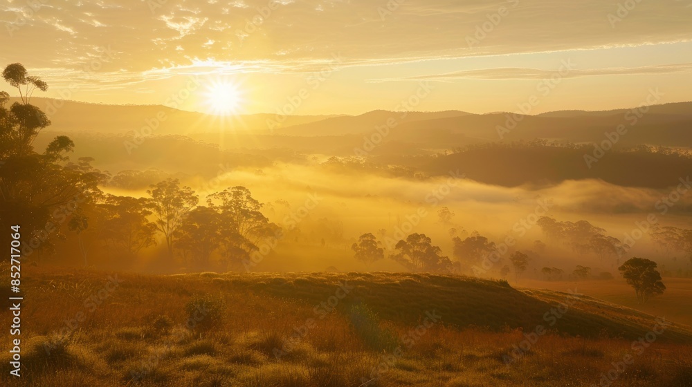 Obraz premium A breathtaking sunrise over a misty valley, with soft golden light illuminating the landscape.
