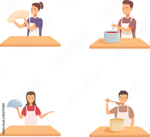 Set of four vector illustrations showing cartoon chefs engaged in different stages of meal preparation