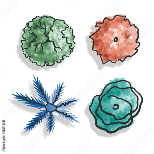 Set trees top view in color. Pictograms for general plans landscape design in sketch style with shadow. Isolated on white background. Vector.