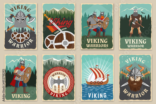 Set of viking warrior retro posters. Vector illustration. Flyer, brochure, banner template design with a viking in helmet with crossed battle axe, sword and nordic ship