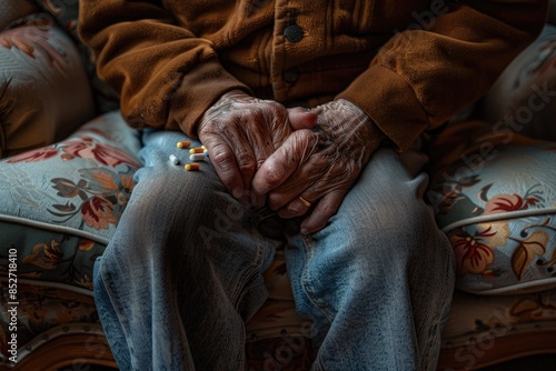 An elderly man is seated on a couch, holding a bottle of pills © Alexei