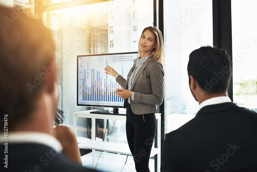 Fotografía Business, woman and presentation with graphs on screen for user personas, customer insights and feedback or income level