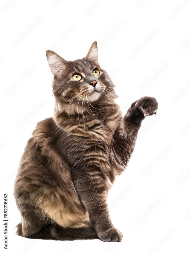 Obraz premium Full body shot of Maine Coon cat, sitting, looking around curiously.