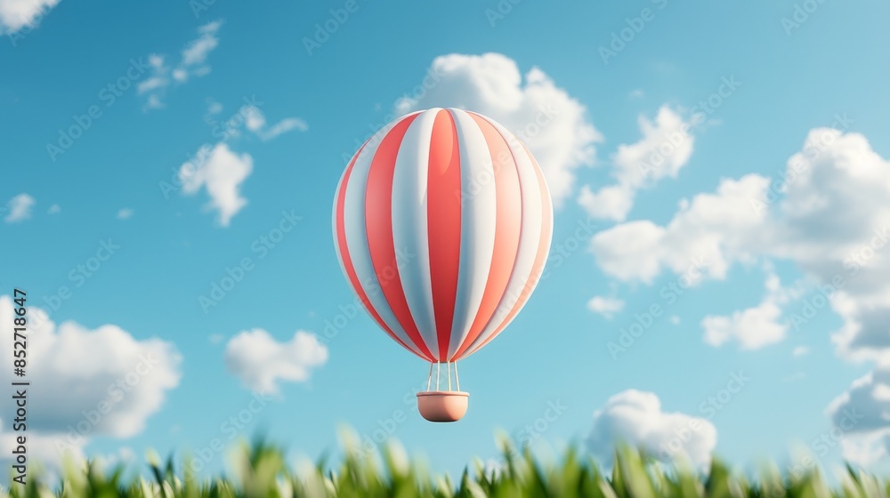 Obraz premium Hot air balloon resembling a huge sausage, floating majestically in the sky, blue backdrop with scattered fluffy clouds, a blend of humor and adventure