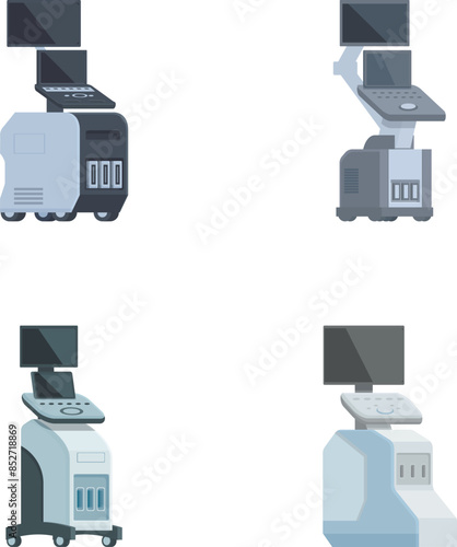 Illustration collection of four contemporary ultrasound machines with monitors in various designs