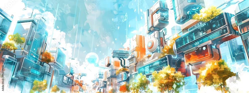 Obraz premium Futuristic Cityscape with Embedded Smart Technology and Holographic Displays
