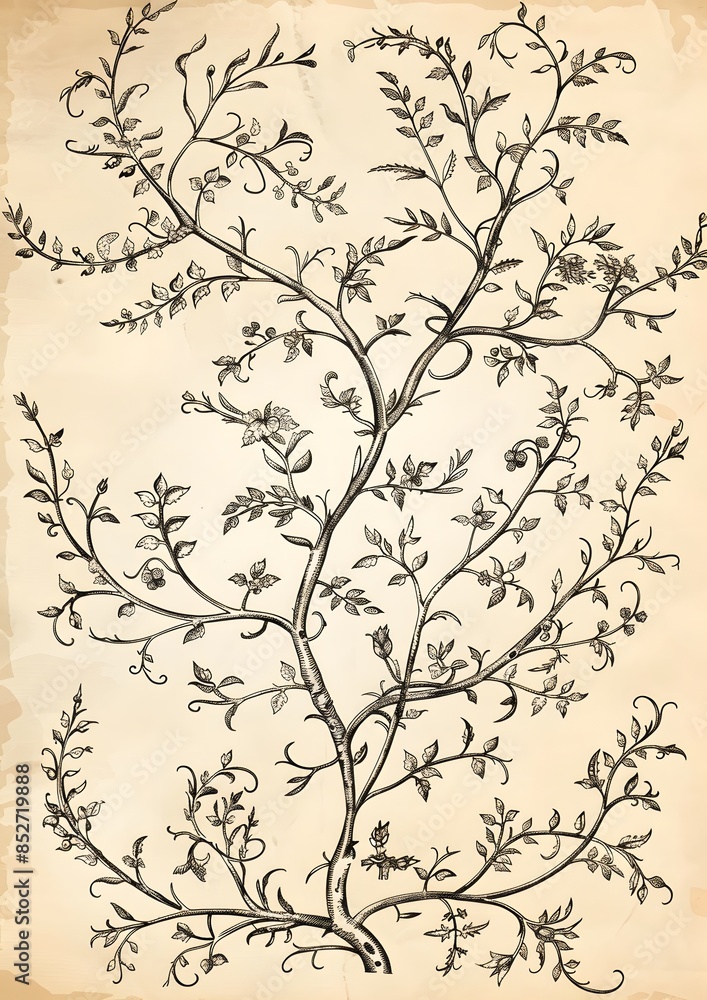 Simple pen ink, Sketch drawing of a flower branch on white paper, vintage minimal style background, wallpaper, wall art, tattoo, card Simple pen ink, Sketch drawing of a flower branch on white paper, vintage minimal style background, wallpaper, wall art, tattoo, card