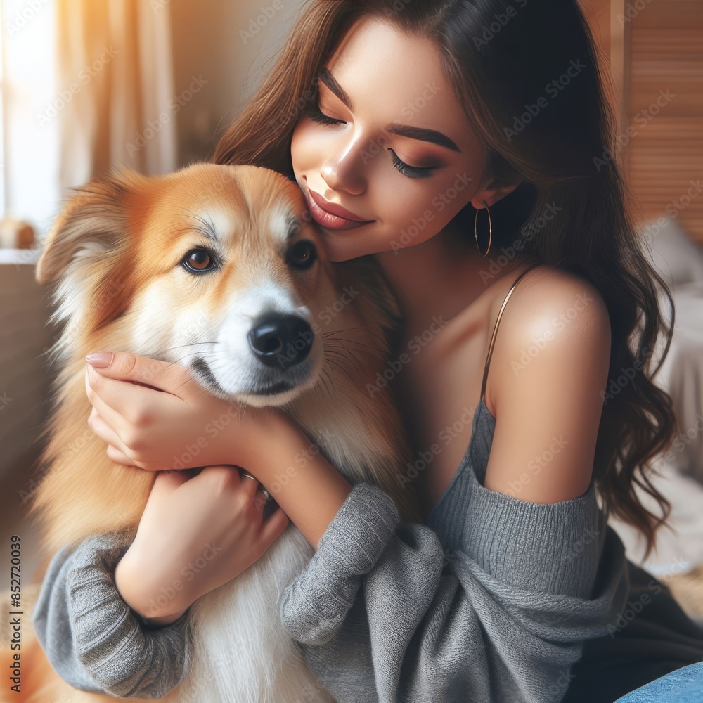 A heartwarming image of a young woman embracing a fluffy dog in a cozy indoor setting. The soft lighting and warm atmosphere make this perfect for themes of love, companionship, and pet care.. AI A heartwarming image of a young woman embracing a fluffy dog in a cozy indoor setting. The soft lighting and warm atmosphere make this perfect for themes of love, companionship, and pet care.. AI