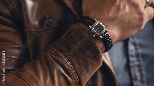 A sleek and modern men's bracelet crafted from braided leather and adorned with a polished silver clasp, adding a touch of sophistication to any look. © Ansar