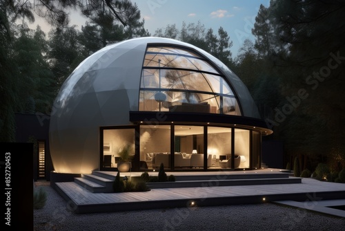 Futuristic domed house located in the forest photo