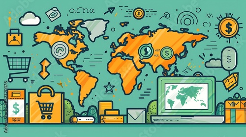 An illustration of a global online shopping experience, featuring multiple currencies, international shipping icons, and a map highlighting worldwide delivery