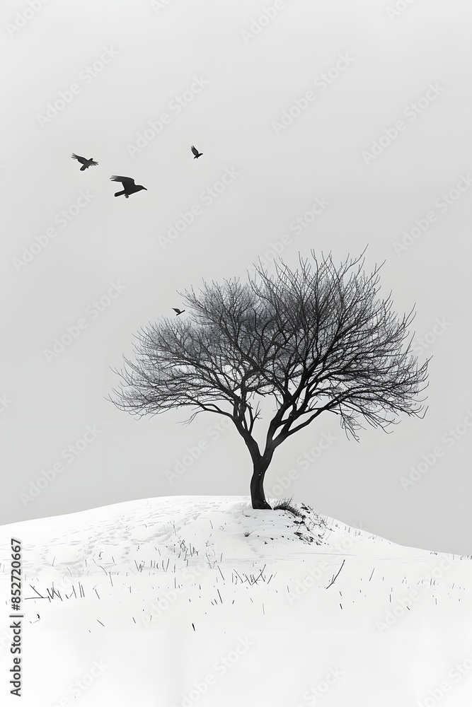 Fototapeta premium Simple pen ink, Sketch drawing of a landscape mountain and willow tree on white paper, vintage minimal style background, wallpaper, wall art, tattoo, card