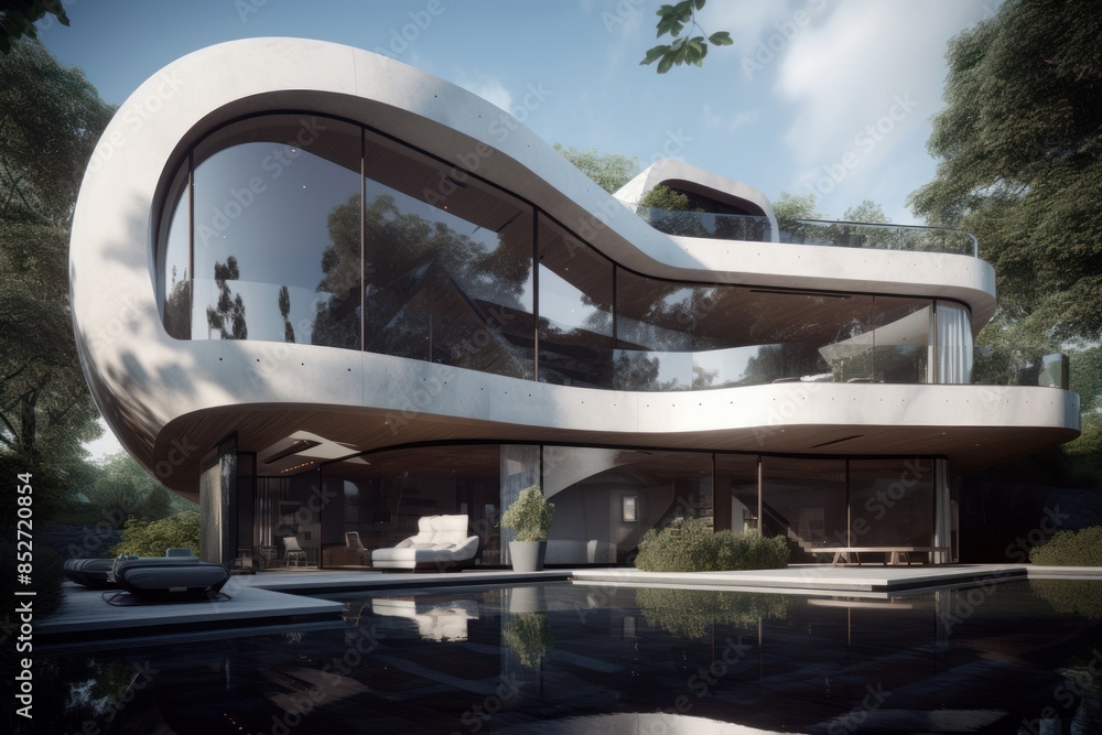 Modern architecture concept of a loop-shaped house with panoramic windows Modern architecture concept of a loop-shaped house with panoramic windows