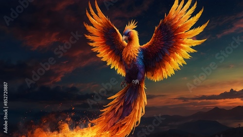 A phoenix, reborn in a blaze of colorful flames, soaring across a twilight sky ai_generated © Haroon