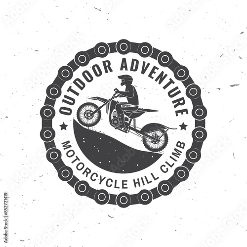 Motorcycle hill climb logo, badge, sticker. Vector illustration. Extreme sport with motorbike for extreme jump and race in mountains. Monochrome style man riding in helmet on a motorcycle