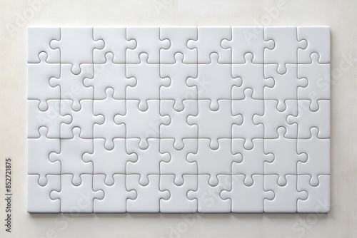 Blank white puzzles game mockup, connecting together, 3d rendering. Clear jigsaw pieces merging, design mock up. Big desktop toy template.
