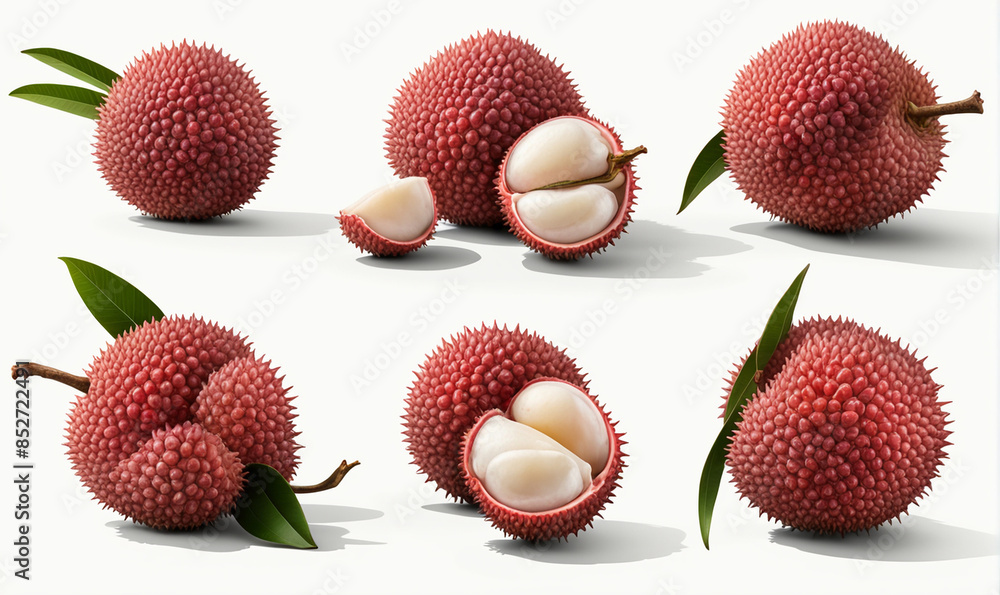 Lychee litchi lichee fruit, many angles and view side top front group peel halved isolated on white background cutout. Mockup template for artwork graphic design Lychee litchi lichee fruit, many angles and view side top front group peel halved isolated on white background cutout. Mockup template for artwork graphic design
